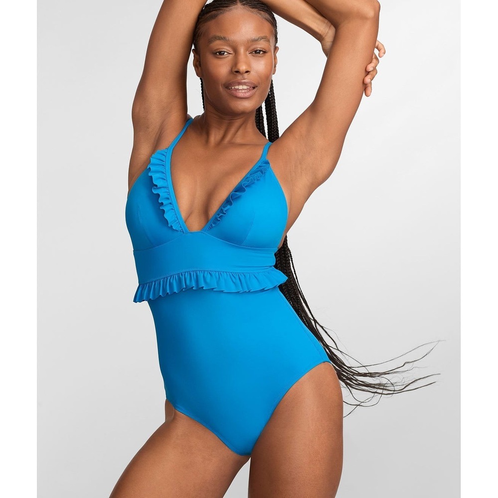 Birdsong Slimming Underwire‎ Plunge Ruffle One-Piece Swimsuit Blue Danube Size 8